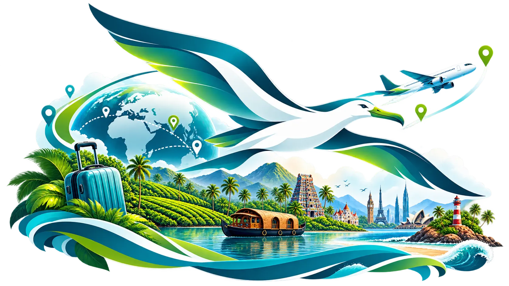 South India and international travel illustration